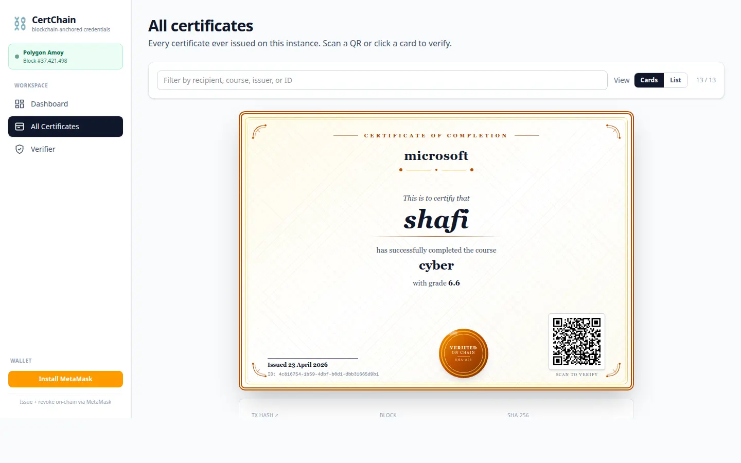All certificates view with a certificate of completion preview