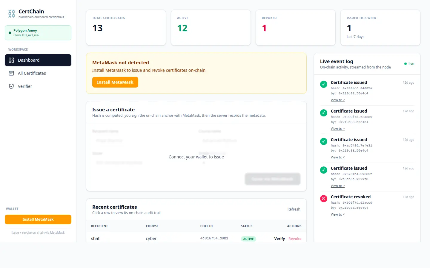 CertChain admin dashboard with stats, issue form and live event log