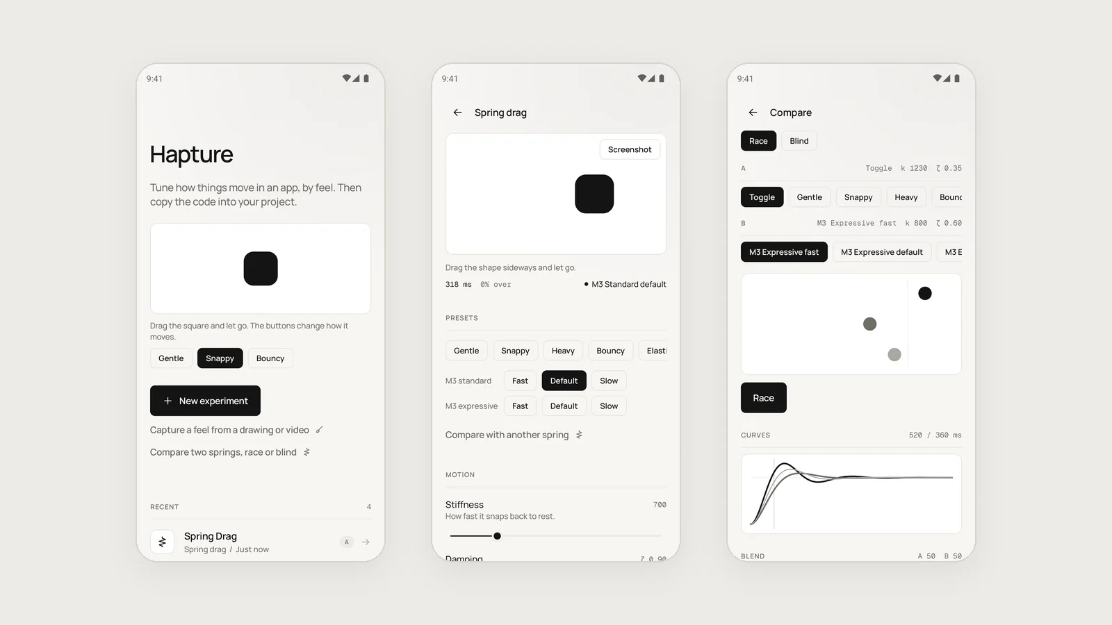 Hapture home, spring editor and compare screens on three phones