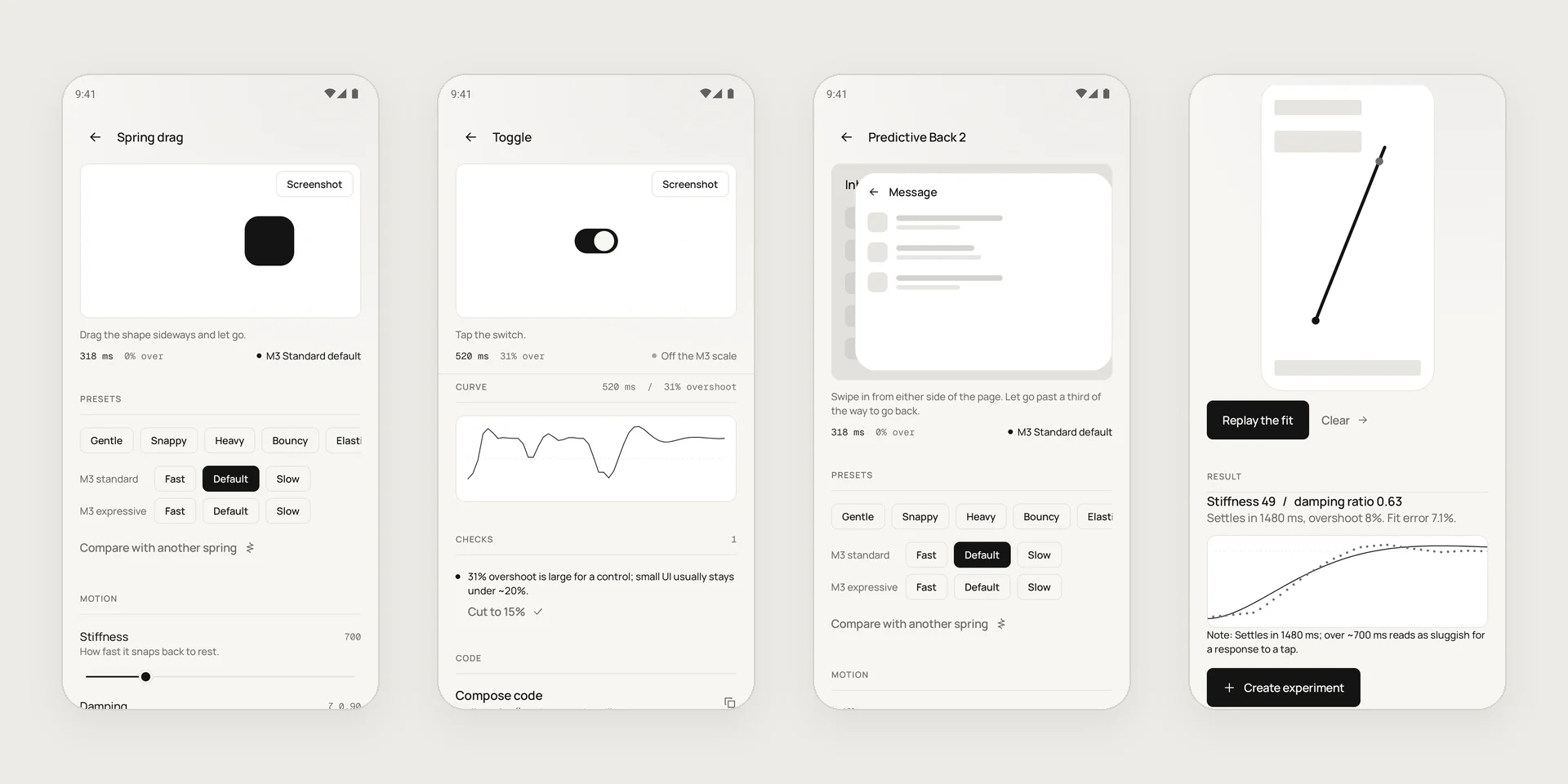 Hapture screens: the spring drag editor, motion checks on a toggle, the predictive back editor and a spring fitted to a sketched motion