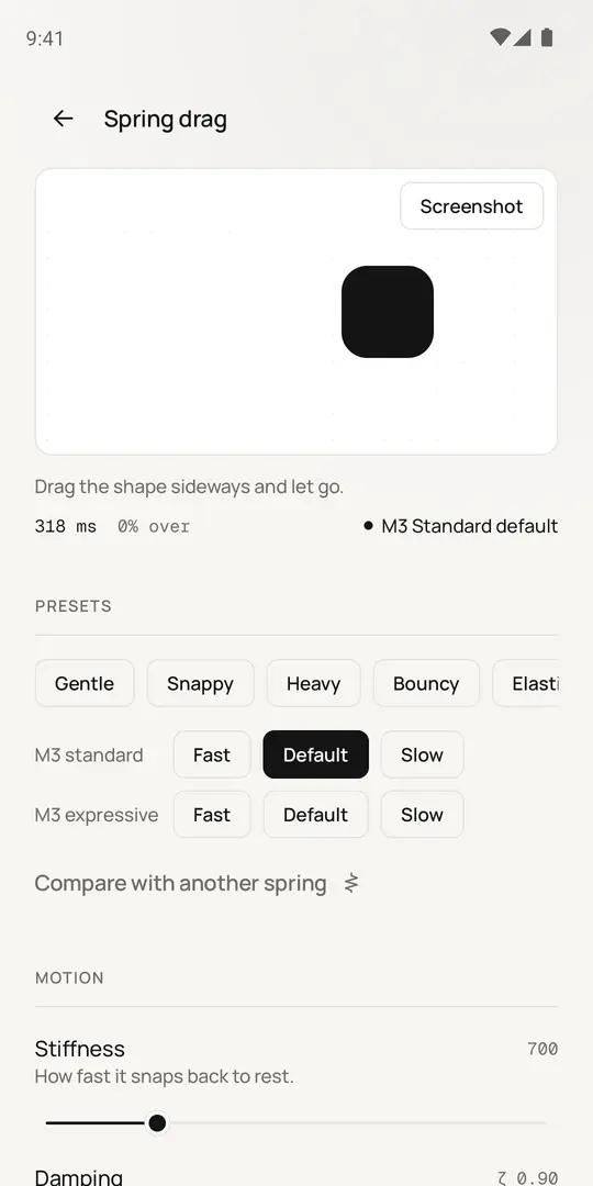Spring drag editor with presets, Material 3 springs and a stiffness slider