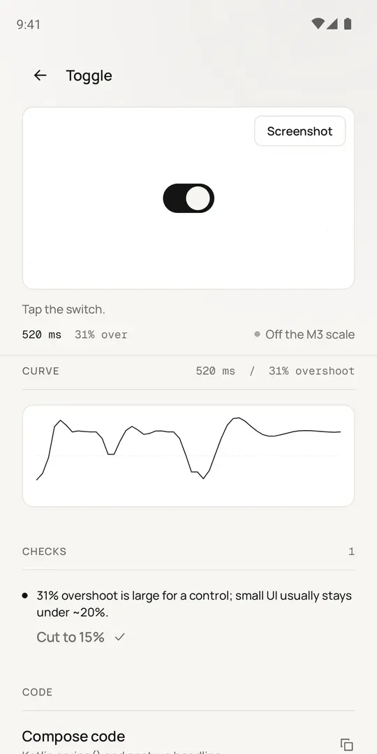 Toggle editor showing its curve and an overshoot check with a fix