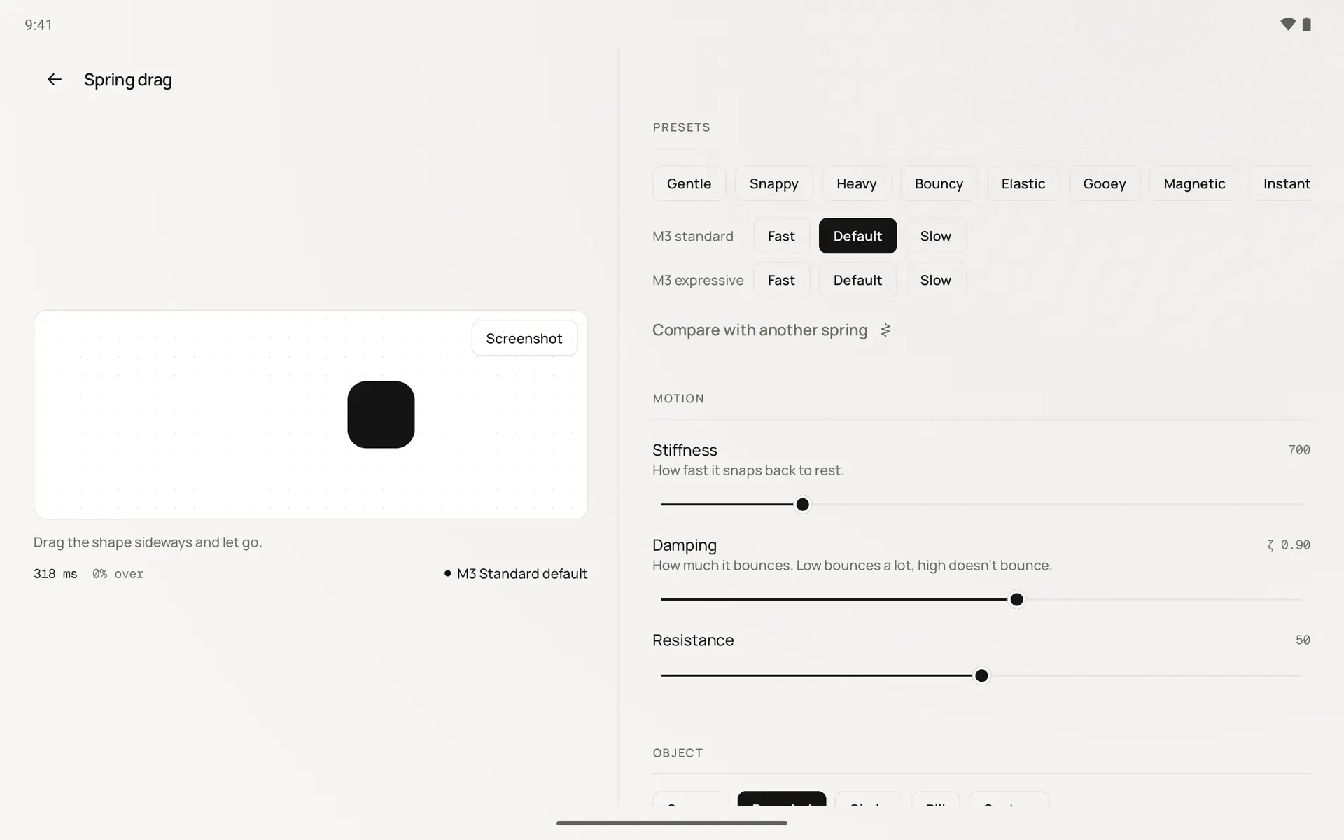 Spring drag editor on a tablet with the stage and controls side by side