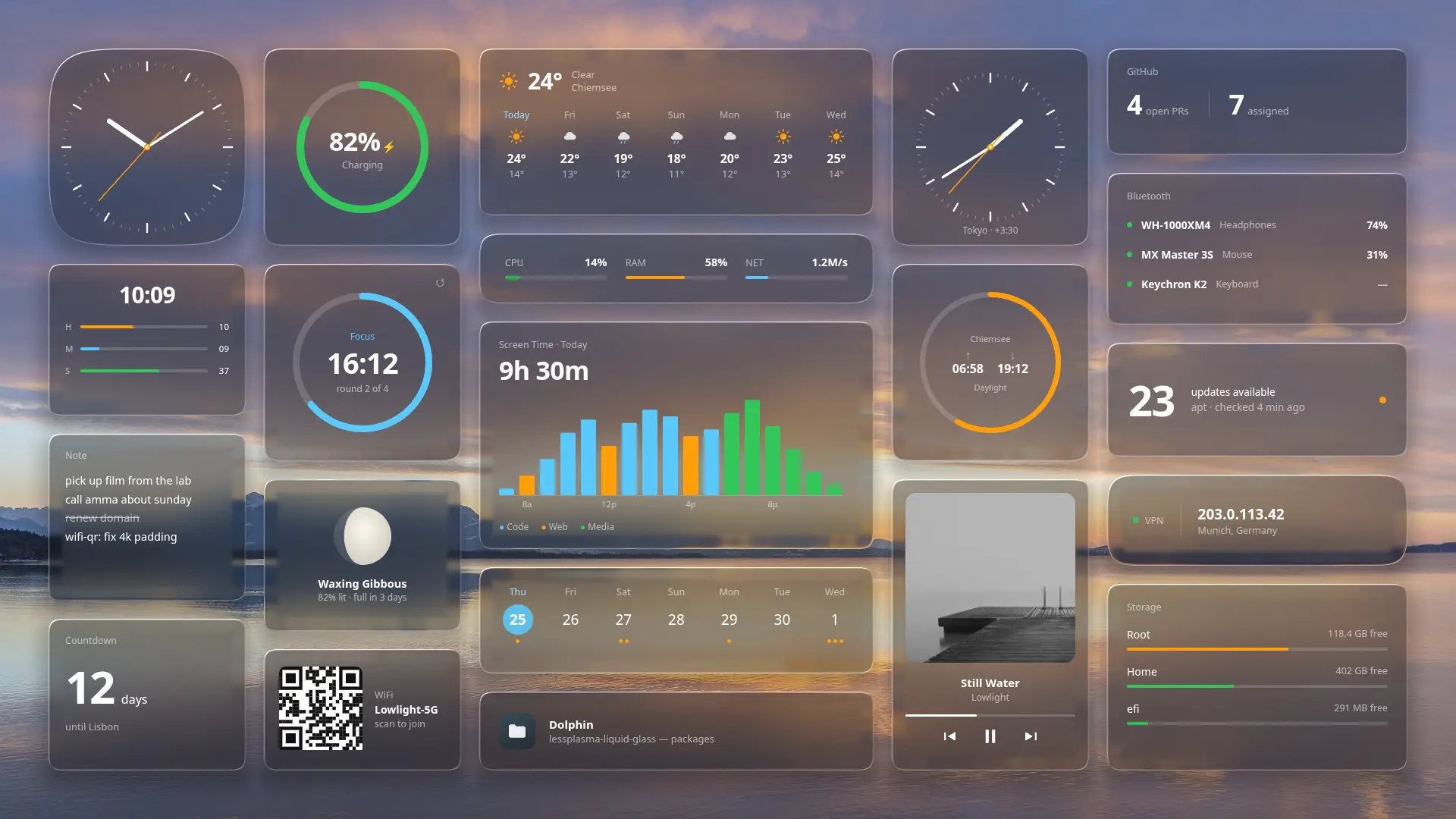 All twenty-one liquid glass widgets on one desktop