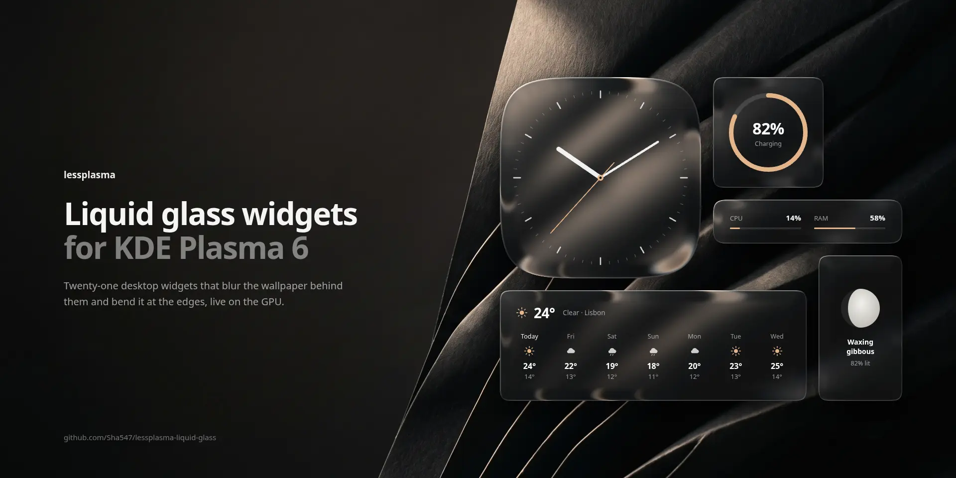 Liquid glass clock, battery, system and weather widgets over a dark silk wallpaper