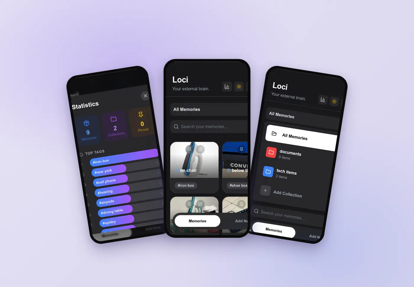 Loci memory app screens on three phones