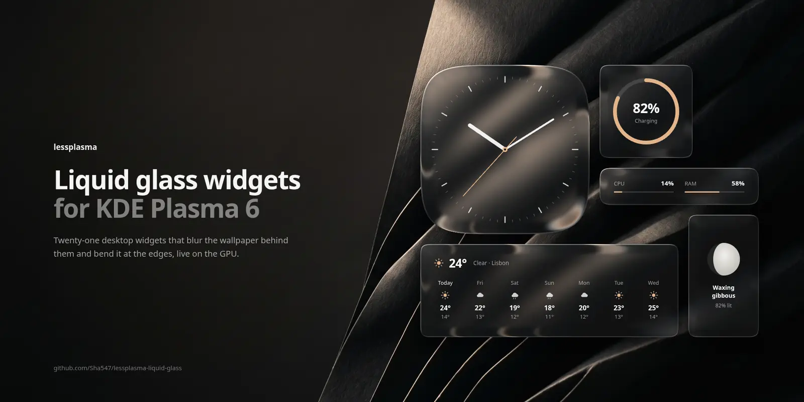 LessPlasma liquid glass widgets: clock, battery, weather and moon cards